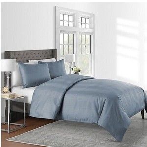 625 TC Bed Bath & Beyond FULL / QUEEN DUVET COVER + 2 SHAMS BLUE Stripe NEW